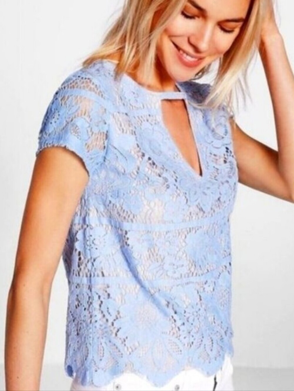 Express Cornflower Blue Lace Overlay Peekaboo Neckline Short Sleeve Top